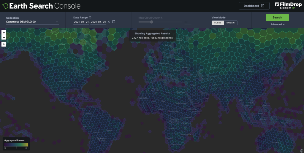 A screenshot of Earth Search Console depicting a map of the glove featuring aggregated results in hex cells. 